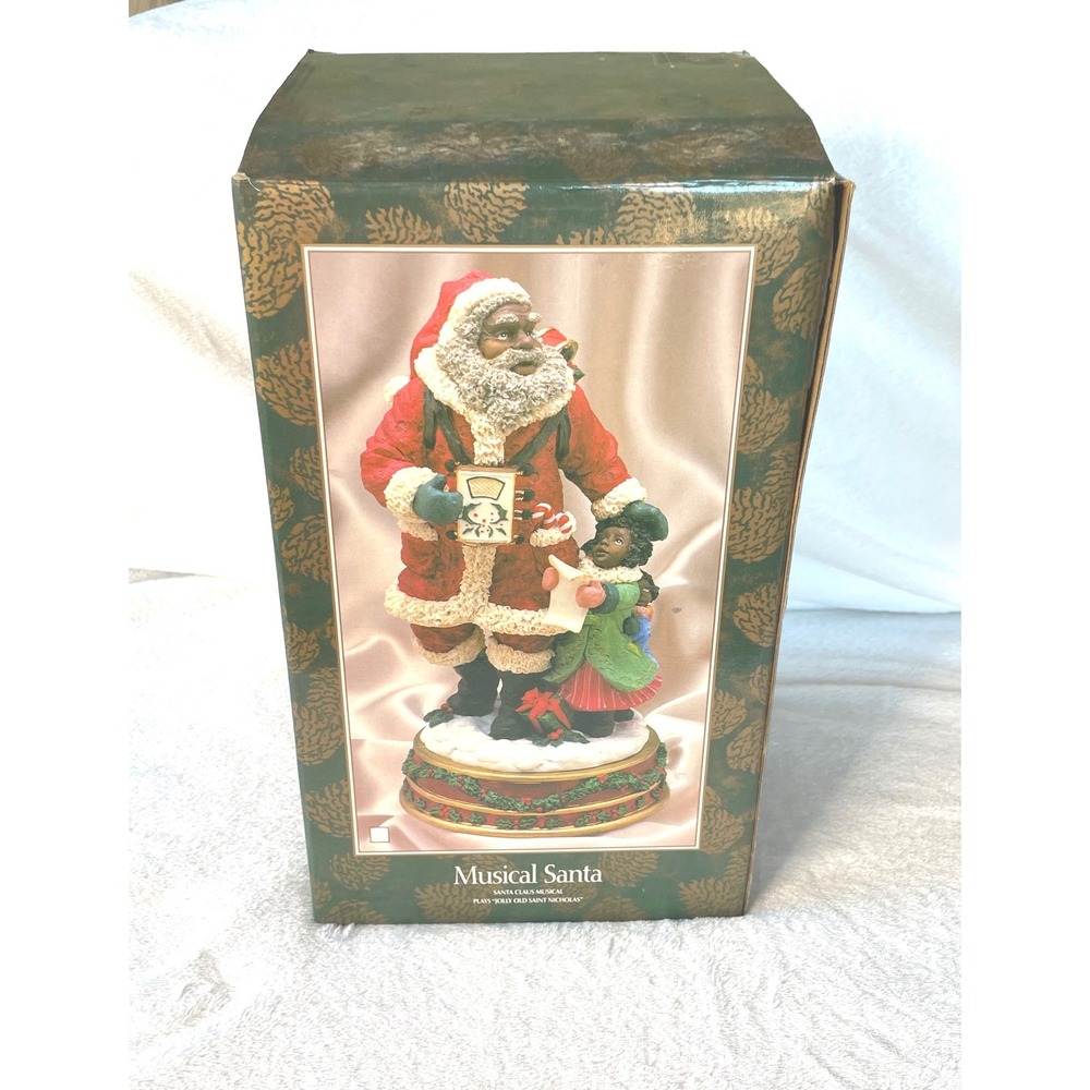 JCPenney Black Santa Musical Figurine 10.5in Christmas Decor Red Jolly